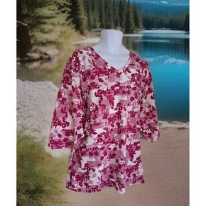 Woman Within Popover Top 3X Pink Floral 3/4 Sleeve Spring Bloomcore Easter Beach